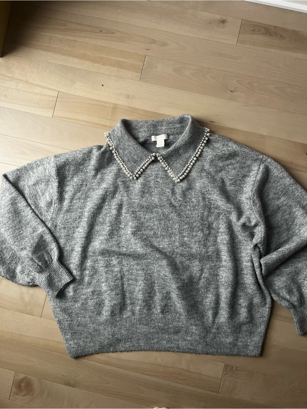 H&M Grey Crewneck Sweater with Pearl-Embellished Collar